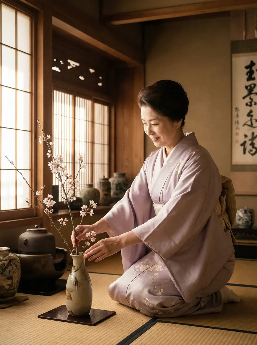 一位优雅的 大桥未久 在和室中插花